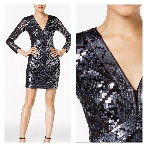 TADASHI SHOJI Black Silver Sequin V Neck Long Sleeve Mini Cocktail Dress Size 8 - Picture 1 of 10